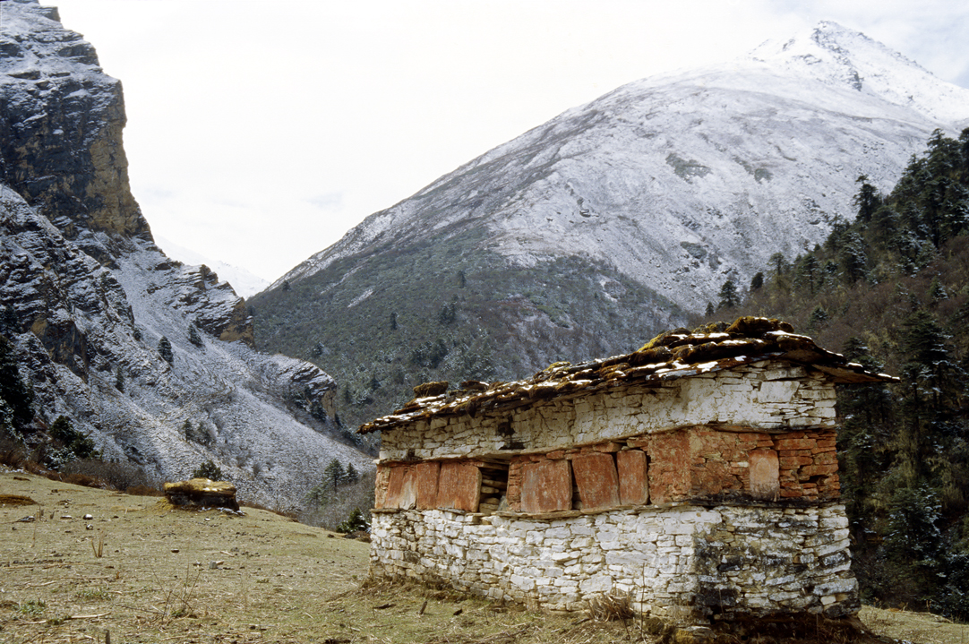 b_437m trek5.jpg - Bhoutan - vallée de Thimphu, Trashigang les murs à mani sont ainsi nommés car ce sont des murs à prières : celles-ci sont inscrites tout autour sur le bandeau de couleur brique